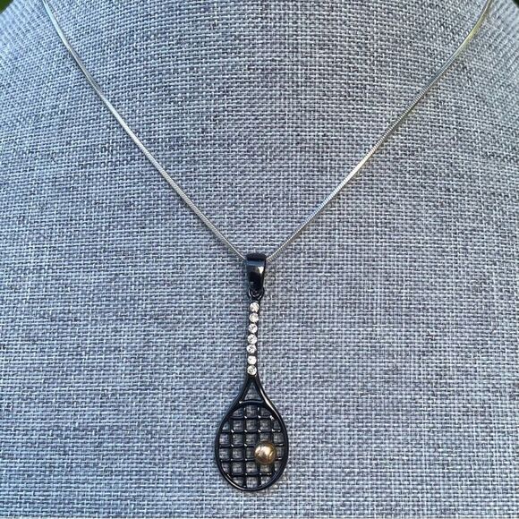New S Collections Good Black Tennis/Pickleball Racket w/Rhinestones Necklace - Picture 1 of 6